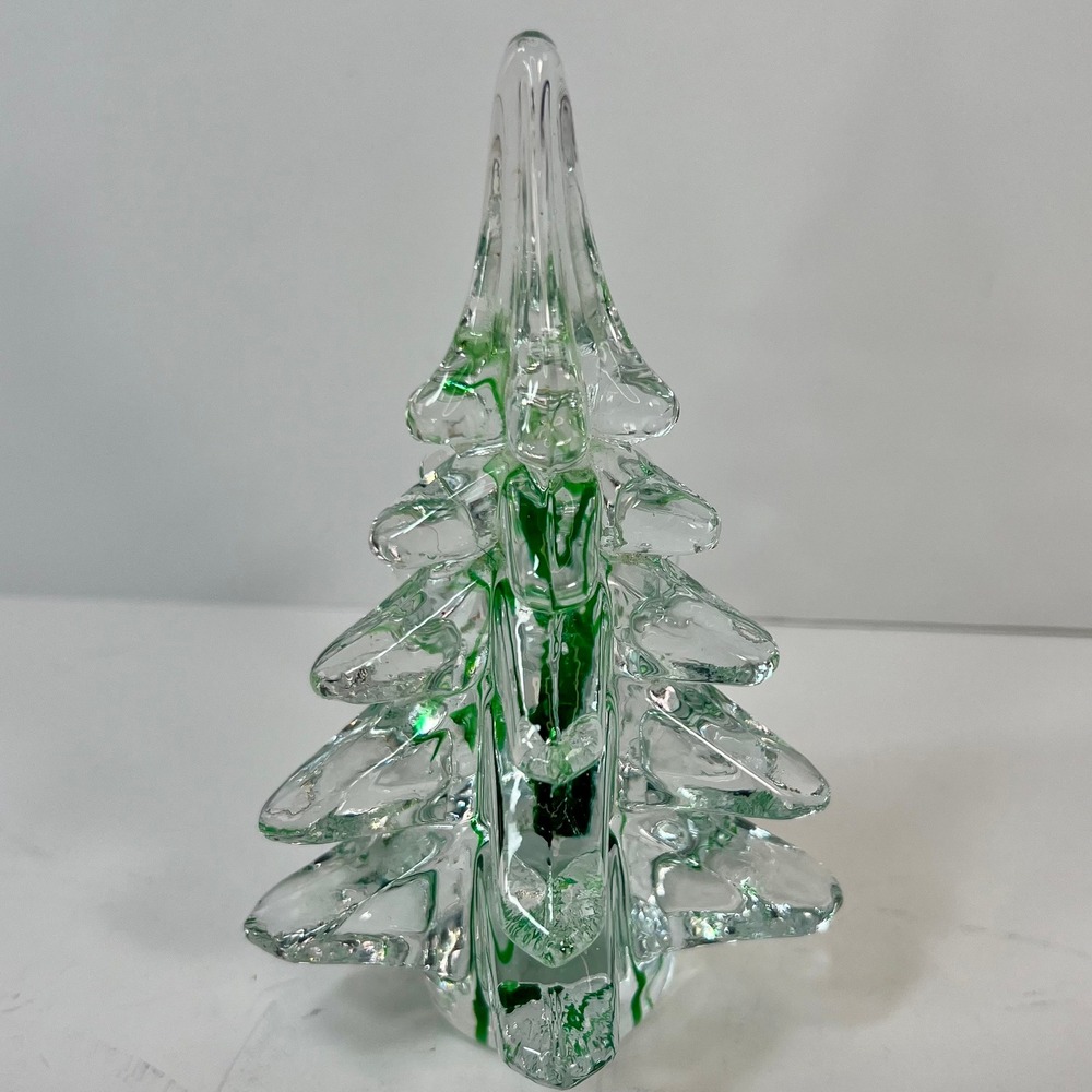 Art Glass Christmas Tree Figurine Clear with Green Swirl 5.25 Inch Holiday Decor